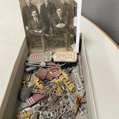 Small box of pins, some old necklaces & more