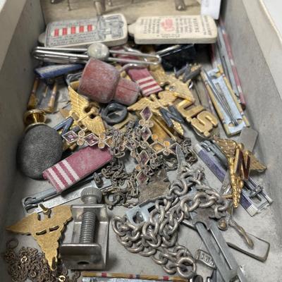 Small box of pins, some old necklaces & more