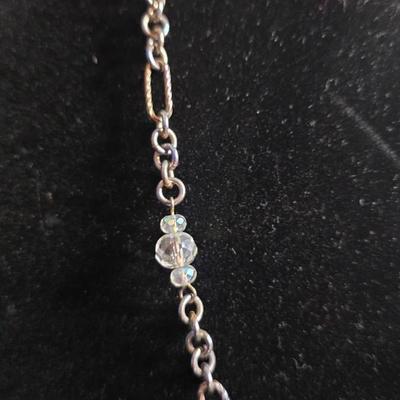 Vintage Aurora Borealis Crystal Station Necklace - Silver Tone Chain with AB Rhinestone Accents