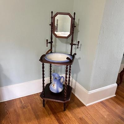 Victorian Style Wooden Washstand w/ Ironstone Wash Basin & Pitcher (B3-RG)