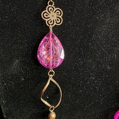 Vintage Bohemian Pink Crystal Necklace with Filigree Flowers and Teardrop Pendant - Gold Tone Chain