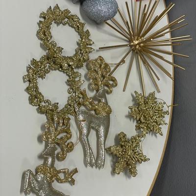 Gold ornaments and red nutcracker