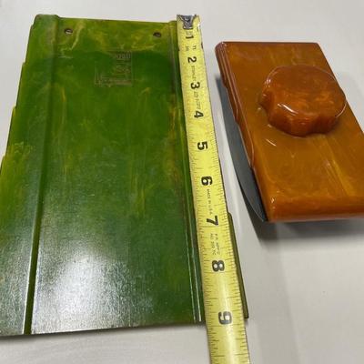 Bakelite Caramel blotter & Caracraft marble green notepad holder