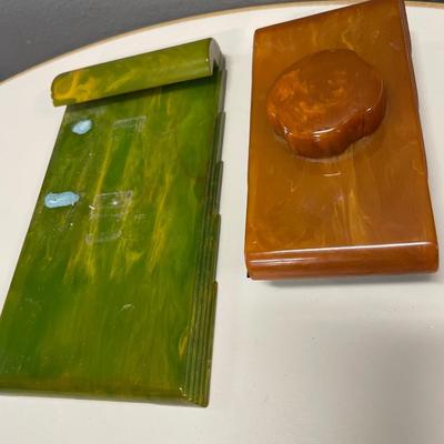 Bakelite Caramel blotter & Caracraft marble green notepad holder