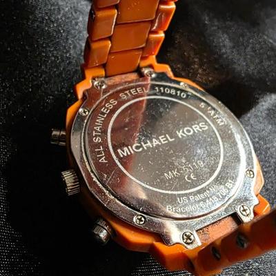 Michael Kors Runway MK-1080 Ladies Chronograph Watch - Orange Resin Strap with Crystal Bezel