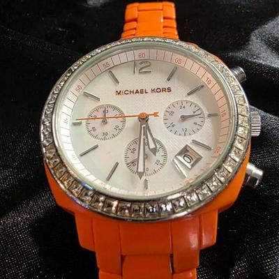 Michael Kors Runway MK-1080 Ladies Chronograph Watch - Orange Resin Strap with Crystal Bezel