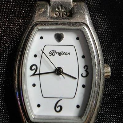 Brighton Ladies Silver Tone Heart Link Watch - White Dial with Swirl Accents