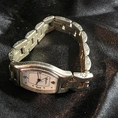 Brighton Ladies Silver Tone Heart Link Watch - White Dial with Swirl Accents