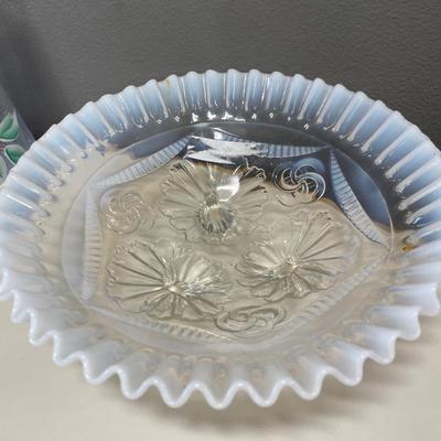 White frosted glass and hand painted decanter with glass