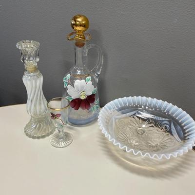 White frosted glass and hand painted decanter with glass