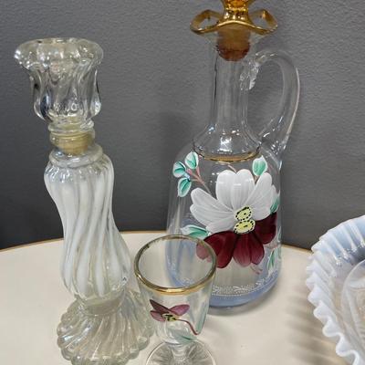 White frosted glass and hand painted decanter with glass