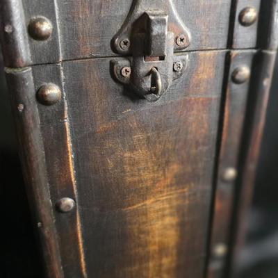 Vintage Rustic Wooden Treasure Chest Box with Riveted Trim & Curved Lid – Antique-Style Tall Decorative Trunk