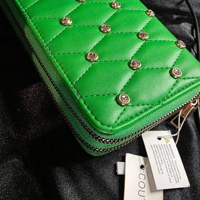 Vintage Couture Gems Kelly Green Quilted Studded Mini Wallet with Wrist Strap - New with Tags