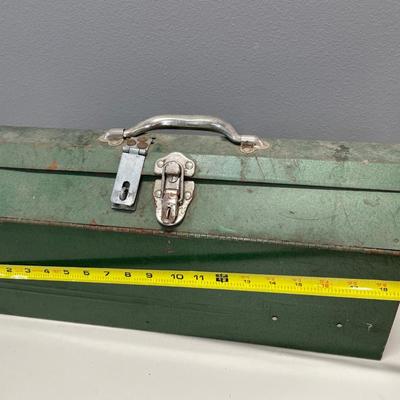 Green metal toolbox with wrenches