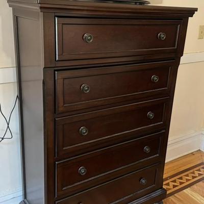 Sale Photo Thumbnail #2: Long dresser, tall dresser, headboard. and night stand all in the same dark wood finish.
