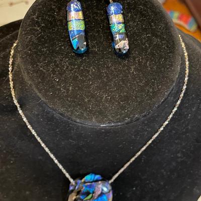 DICHROIC MOSAIC GLASS PENDANT WITH DANGLE EARRINGS