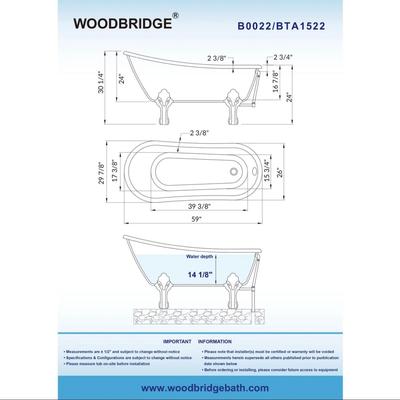 Sale Photo Thumbnail #36: Brand new in box WoodBridge 59” x 31” Clawfoot soaking acrylic bathtub. Oil rubbed bronze in color.

Drain assembly is not included.
Drain diameter - 2”
Soaking depth, top to bottom - 14.125”
48 Gallon capacity
