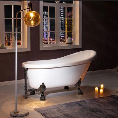 Sale Photo Thumbnail #38: Brand new in box WoodBridge 59” x 31” Clawfoot soaking acrylic bathtub. Oil rubbed bronze in color.

Drain assembly is not included.
Drain diameter - 2”
Soaking depth, top to bottom - 14.125”
48 Gallon capacity