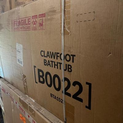 Sale Photo Thumbnail #41: Brand new in box WoodBridge 59” x 31” Clawfoot soaking acrylic bathtub. Oil rubbed bronze in color.

Drain assembly is not included.
Drain diameter - 2”
Soaking depth, top to bottom - 14.125”
48 Gallon capacity