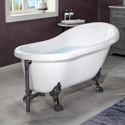 Sale Photo Thumbnail #39: Brand new in box WoodBridge 59” x 31” Clawfoot soaking acrylic bathtub. Oil rubbed bronze in color.

Drain assembly is not included.
Drain diameter - 2”
Soaking depth, top to bottom - 14.125”
48 Gallon capacity