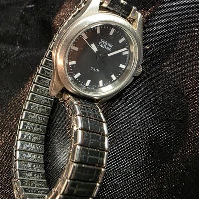 Vintage Sylvan Dubose Ladies Quartz Watch - Black Dial with Silver Markers and Expansion Band