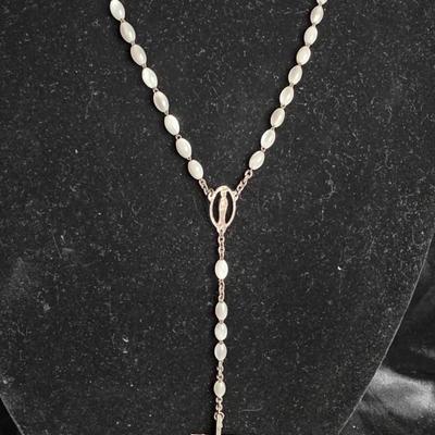 Vintage Mother-of-Pearl Bead Rosary Necklace with Silver-Tone Cross – Graceful & Timeless