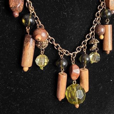 Vintage Bohemian Wood & Glass Beaded Statement Necklace - Earth Tone Dangles on Gold Chain