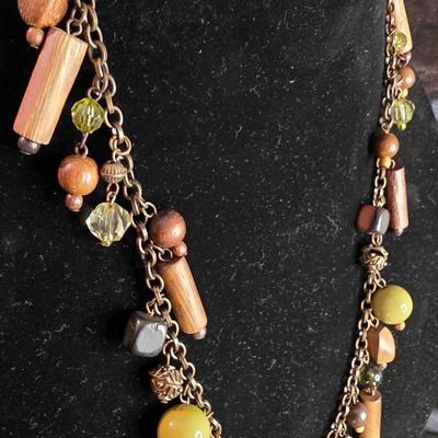 Vintage Bohemian Wood & Glass Beaded Statement Necklace - Earth Tone Dangles on Gold Chain