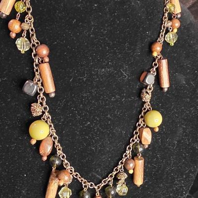 Vintage Bohemian Wood & Glass Beaded Statement Necklace - Earth Tone Dangles on Gold Chain