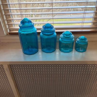 Vintage 10 Paneled Blue Glass Canisters (B1-BC)