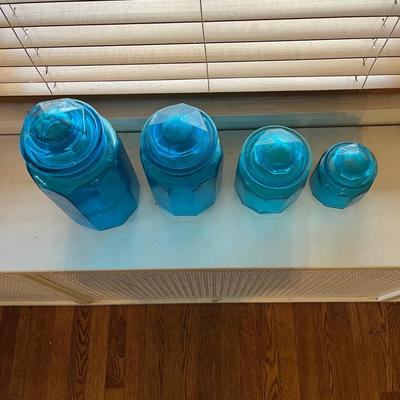 Vintage 10 Paneled Blue Glass Canisters (B1-BC)
