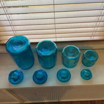 Vintage 10 Paneled Blue Glass Canisters (B1-BC)