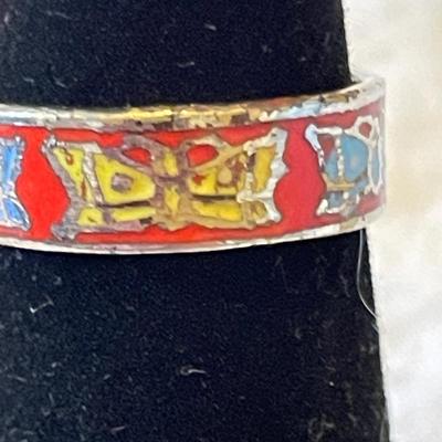 LADIES STERLING RING WITH ORANGE SPINY STONE AND AN ENAMELED BAND