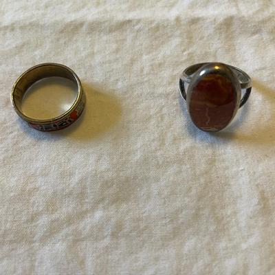 LADIES STERLING RING WITH ORANGE SPINY STONE AND AN ENAMELED BAND