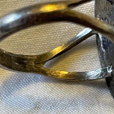 LADIES STERLING RING WITH ORANGE SPINY STONE AND AN ENAMELED BAND