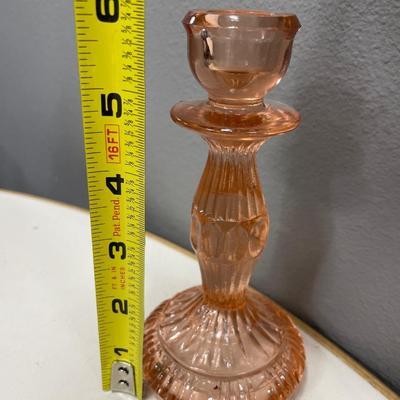 Pink glass candle stick and flower dish