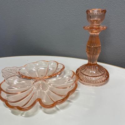 Pink glass candle stick and flower dish