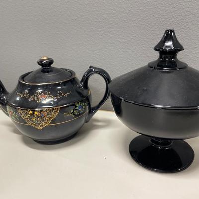 Black candy dish and Japanese teapot