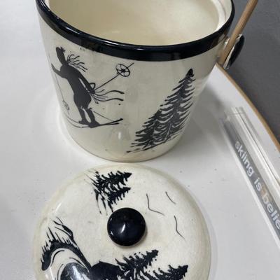 Skiing is Believing acrylic sign & pottery