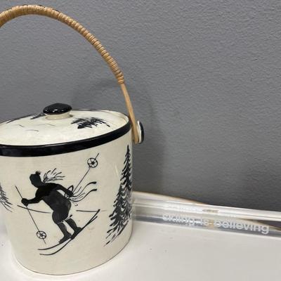 Skiing is Believing acrylic sign & pottery