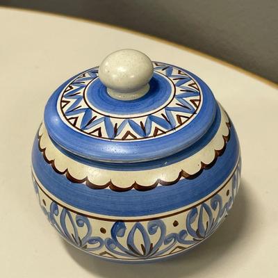 Hand painted and signed blue lidded jar