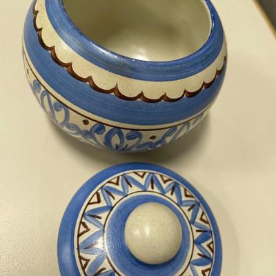 Hand painted and signed blue lidded jar
