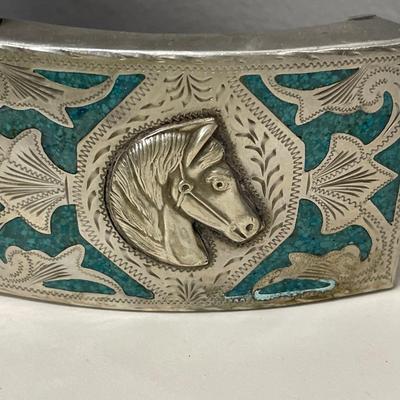 Alpaca horse head and turquoise belt buckle