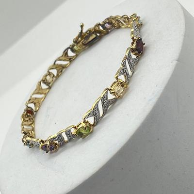 LOT 422: 925 Gold Vermeil and Semi-Precious Gemstone 8" Tennis Bracelet - 8.68 GTW
