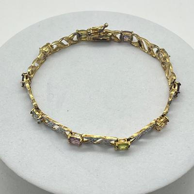 LOT 422: 925 Gold Vermeil and Semi-Precious Gemstone 8" Tennis Bracelet - 8.68 GTW