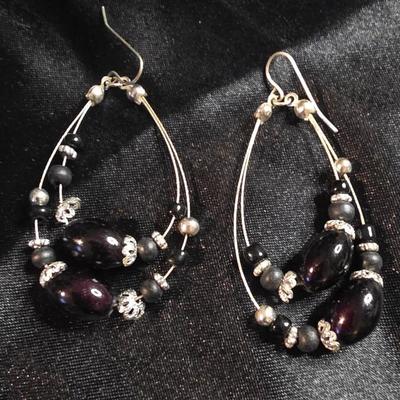 Vintage Bohemian Teardrop Beaded Earrings in Deep Plum & Silver Accents