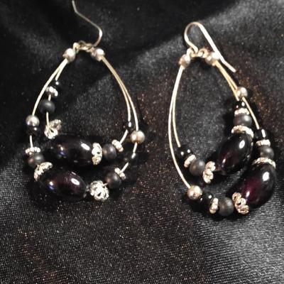 Vintage Bohemian Teardrop Beaded Earrings in Deep Plum & Silver Accents