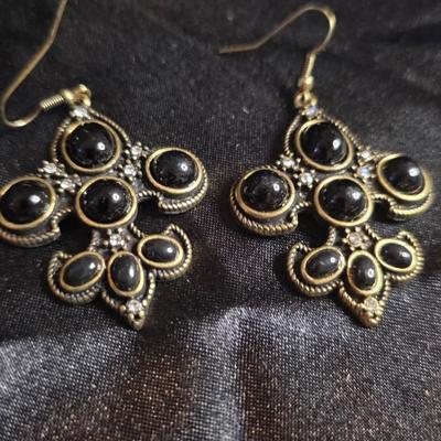 Vintage Black Cabochon Cross Dangle Earrings - Gold Tone Filigree with Rhinestone Accents