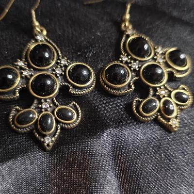 Vintage Black Cabochon Cross Dangle Earrings - Gold Tone Filigree with Rhinestone Accents