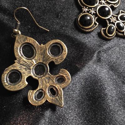 Vintage Black Cabochon Cross Dangle Earrings - Gold Tone Filigree with Rhinestone Accents